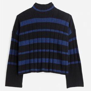 NWT Madewell Ribbed Cashmere-Wool Blend Pullover Sweater Cobalt Stripe Mock Neck